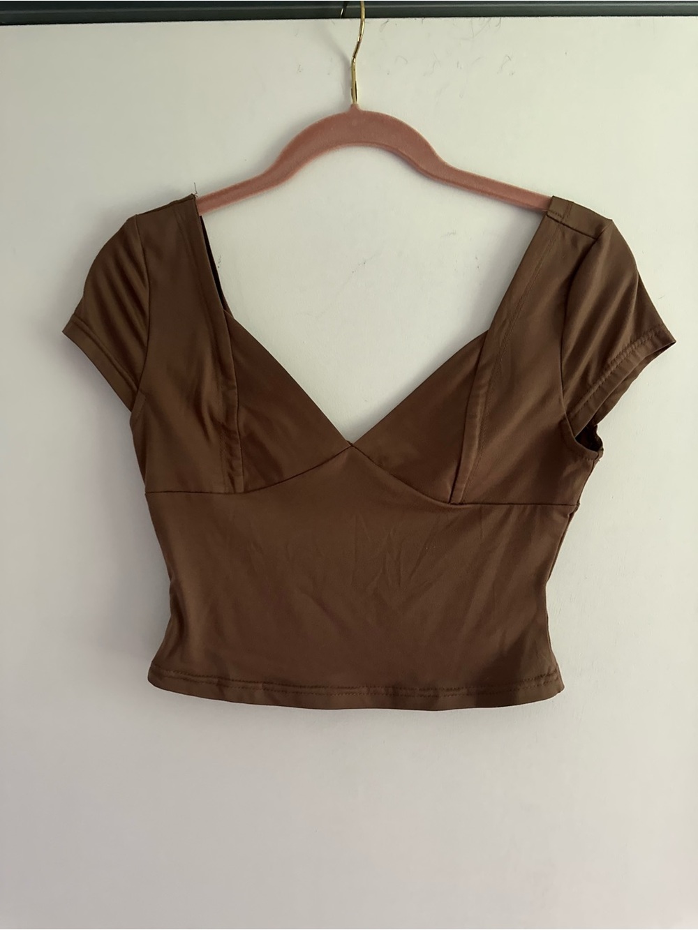 SHEIN Brown V-Neck Short Sleeve Crop Top